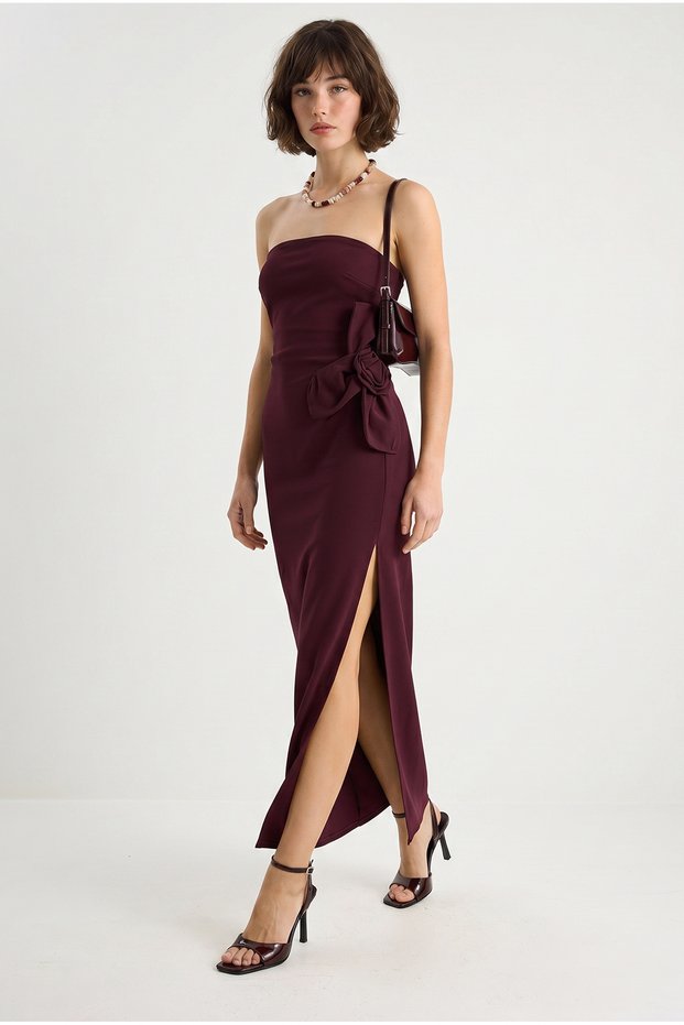 Women's Strapless Maxi Dress with Plum Flower Accessories and Slit Detail 2602 60283331