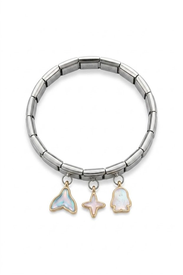 Women's Stainless Steel Italian Charm Bracelet with Dangle Heart Butterfly Clover Figure Bracelet