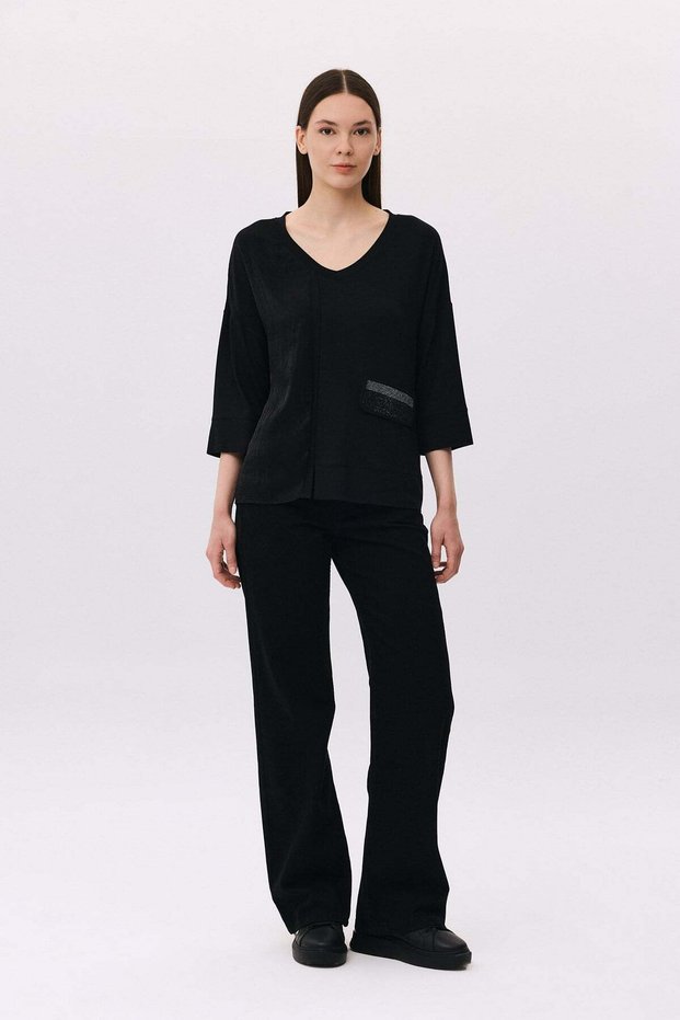 V-Neck Satin Garnished Pocket Cover with Stones, Three-Quarter Length