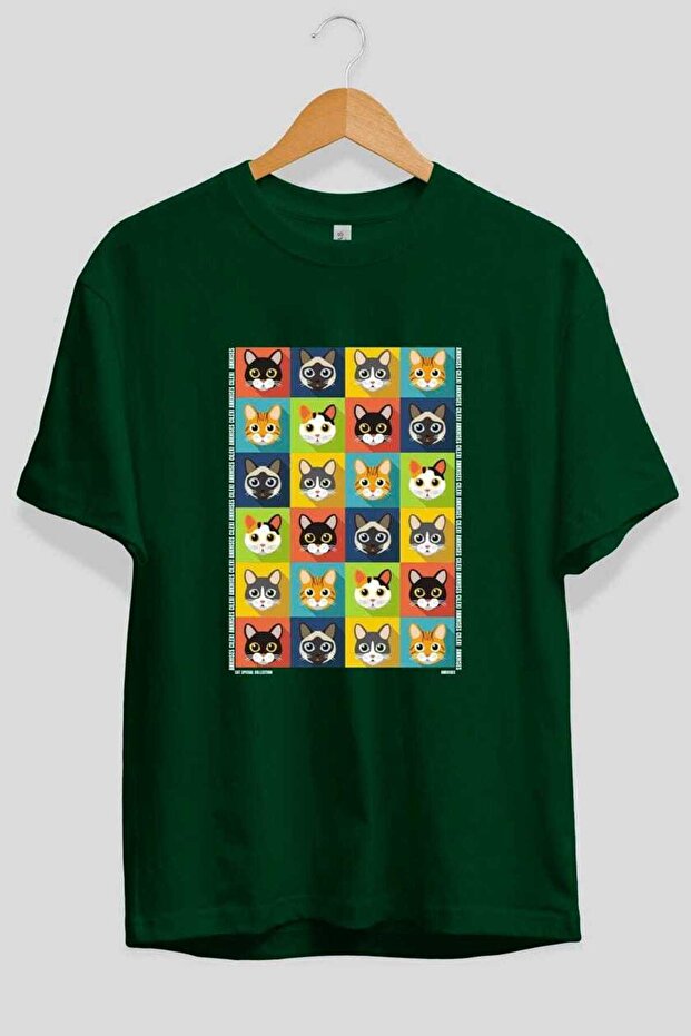 For the Sake of Cat 122 Front Cat Printed Green Oversize T-Shirt 100% Cotton Unisex Cat Lover Premium Design