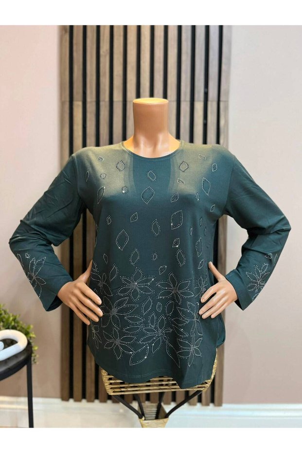 Women's Combed Cotton Blouse for Middle-Aged and Older Women with Floral and Stoned Hem