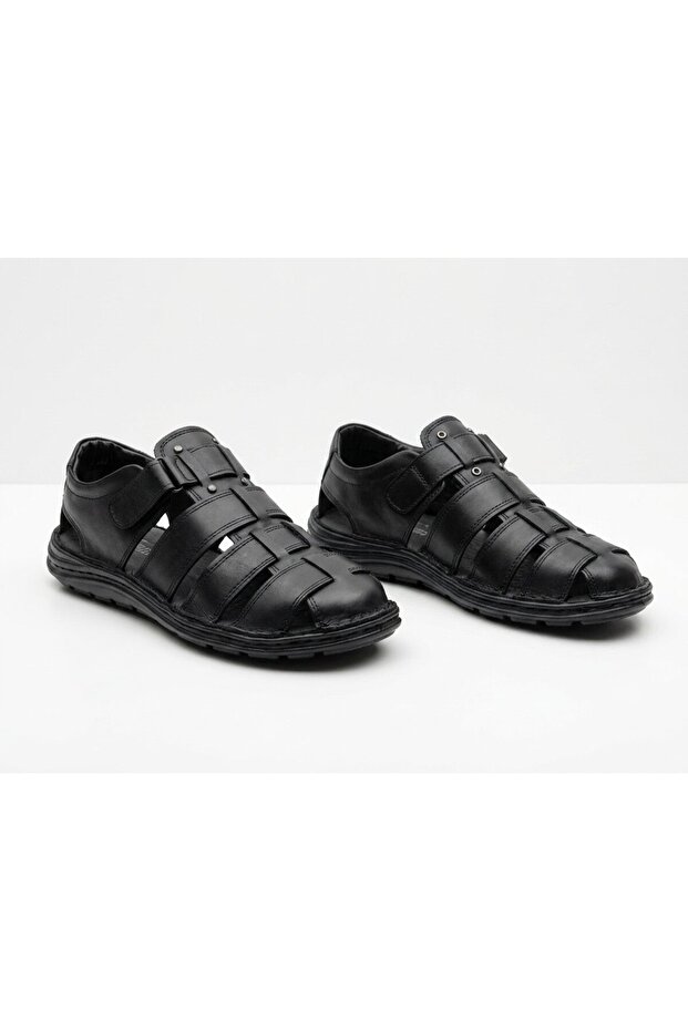 Men's Leather Black Sandals Comfort Sole Casual Shoes 1000