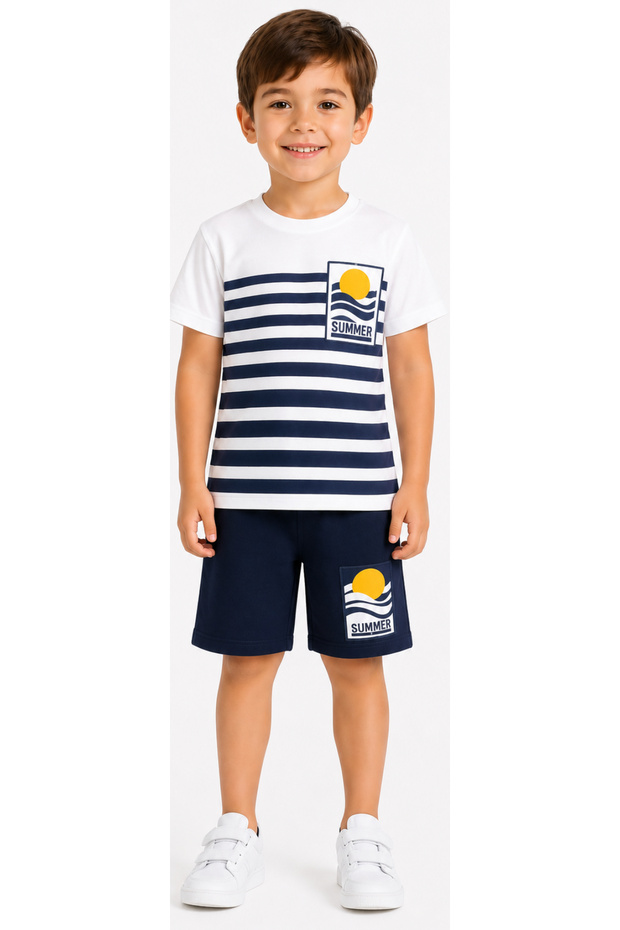 Boy's Summer Written Stripes Color Gradient T-Shirt and Elastic Waist Shorts Set