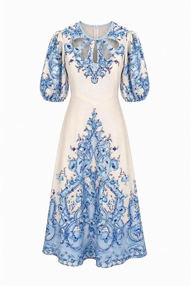 Laser Cut Collared Dress Blue