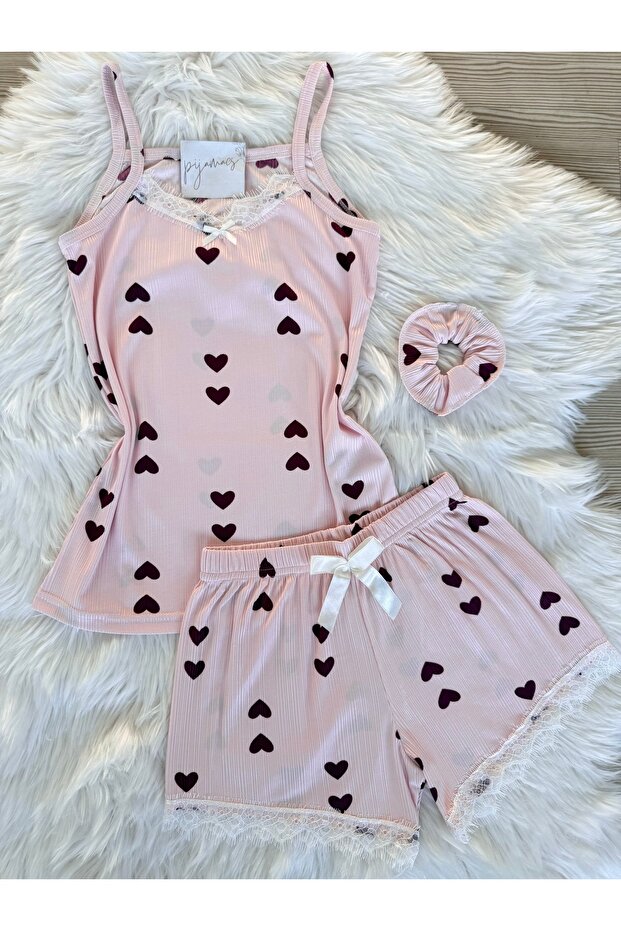 Burgundy Heart Patterned Pegasus Pajama Set with Shorts
