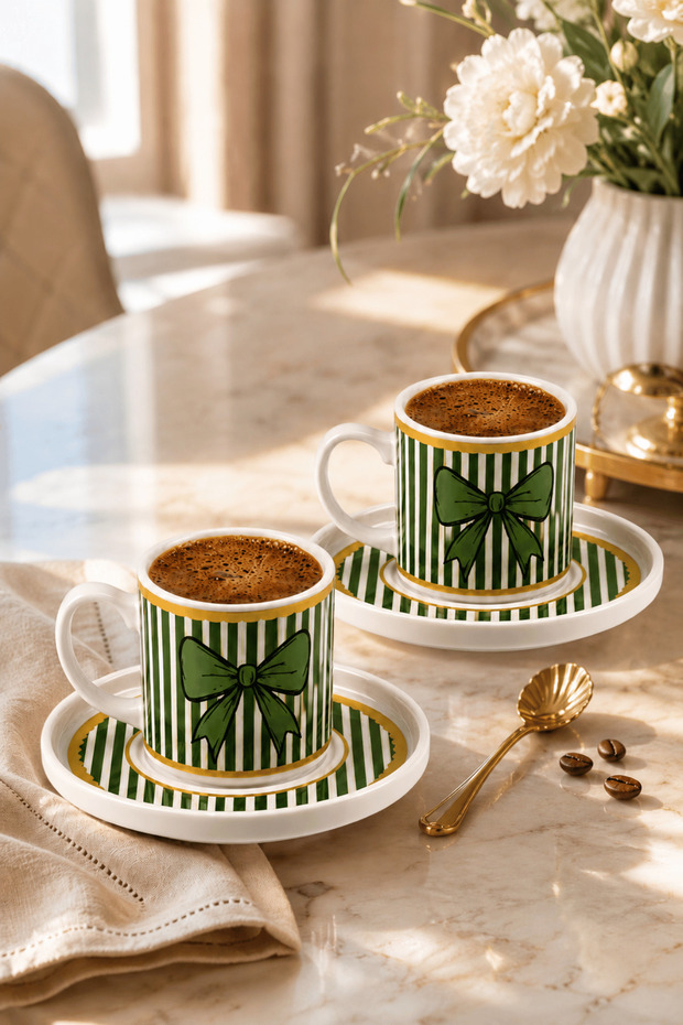 2-Piece Ribbon Patterned Porcelain Turkish Coffee Cup Set with Bow Detail - Green