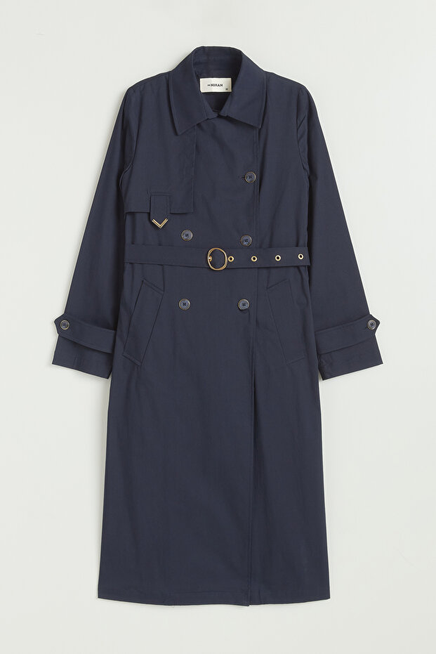 Accessory Detailed Belted Trench Coat - Navy Blue
