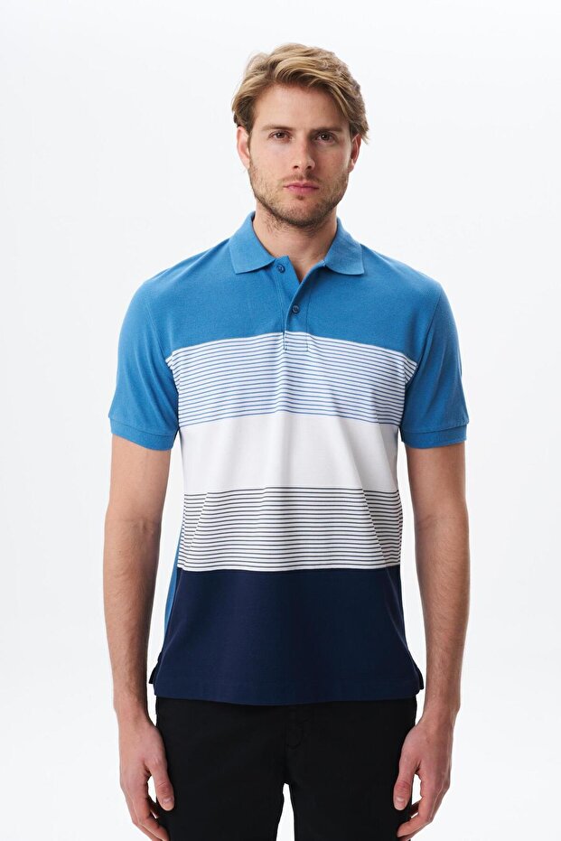 Ar-Ma Men's Polo Collar T-Shirt Without Print Basic Regular Fit Double Collar Combed Cotton Pique Y29374355002 Blue-M