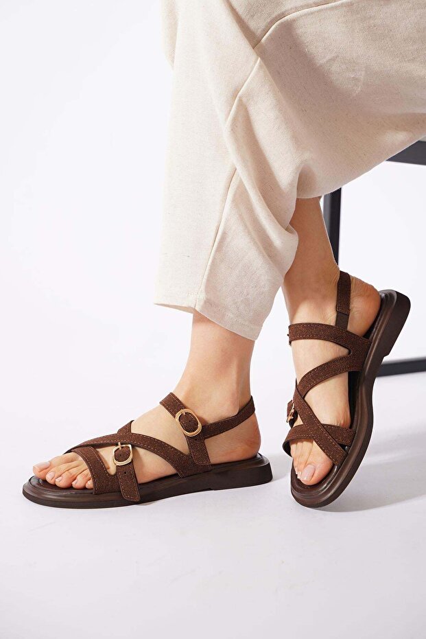 Yokas cross strap double buckle women's sandals - coffee suede