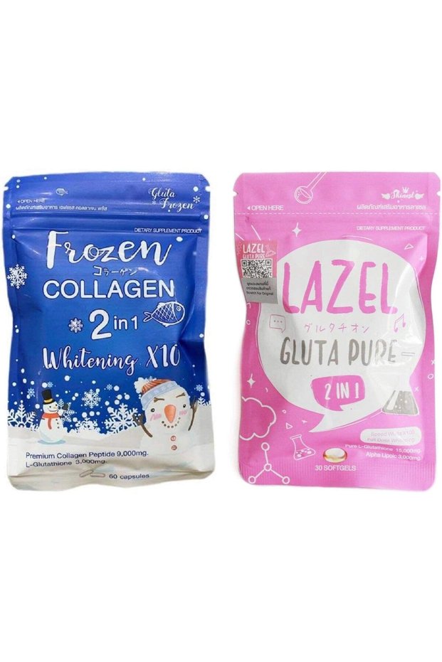 Gluta Frozen Double Pack, Lazel Gluta Pure 2In1 with Frozen Collagen X10 - 9000Mg Glutathione for Whitening and Anti-Aging