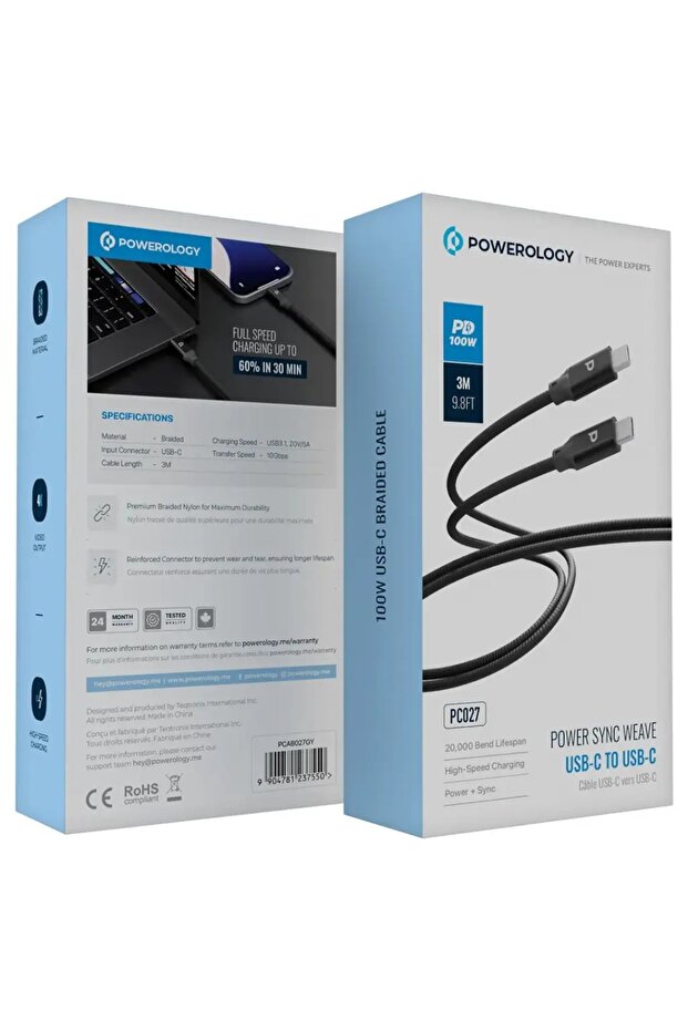 Power Sync Weave USB-C to USB-C 3M Cable PD 100W Gray