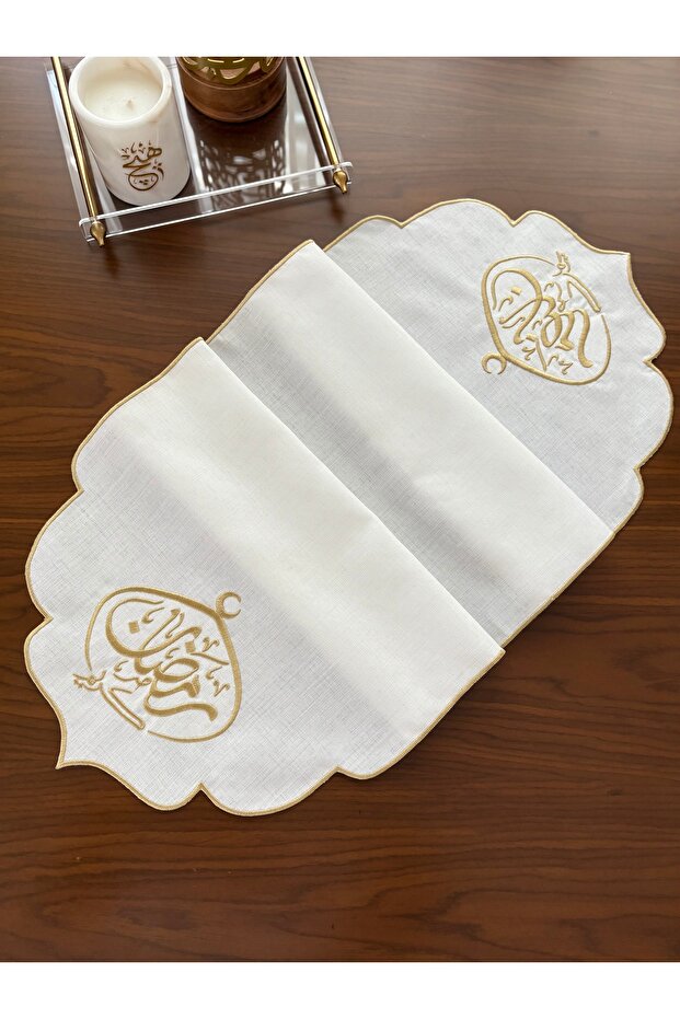 Arabic Written Ramadan Kareem Runner Silver Off-White Stain-Resistant Gardenia 1 Piece