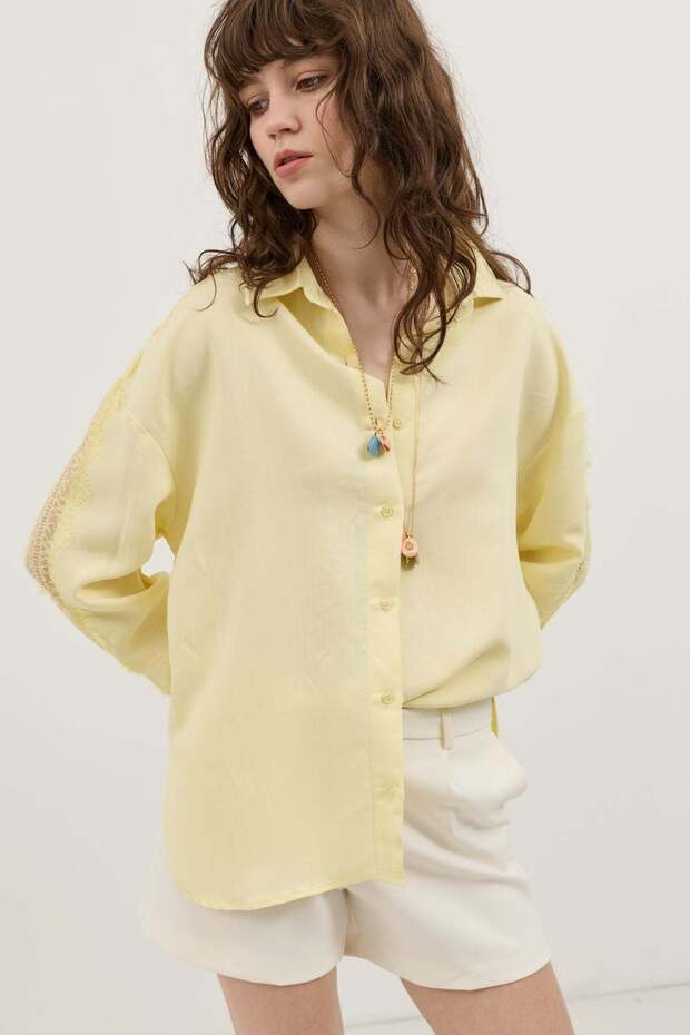 Yellow Sleeve Lace Embroidered Women's Shirt
