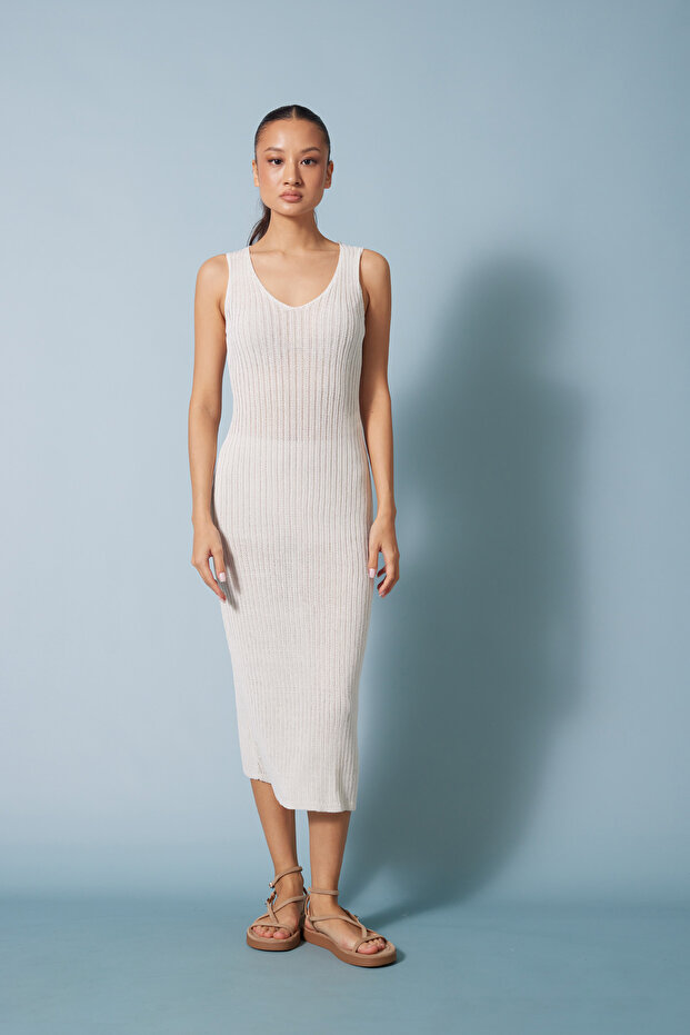 Fi̇ti̇lli̇ V-Neck Tricot Maxi Dress Ecru