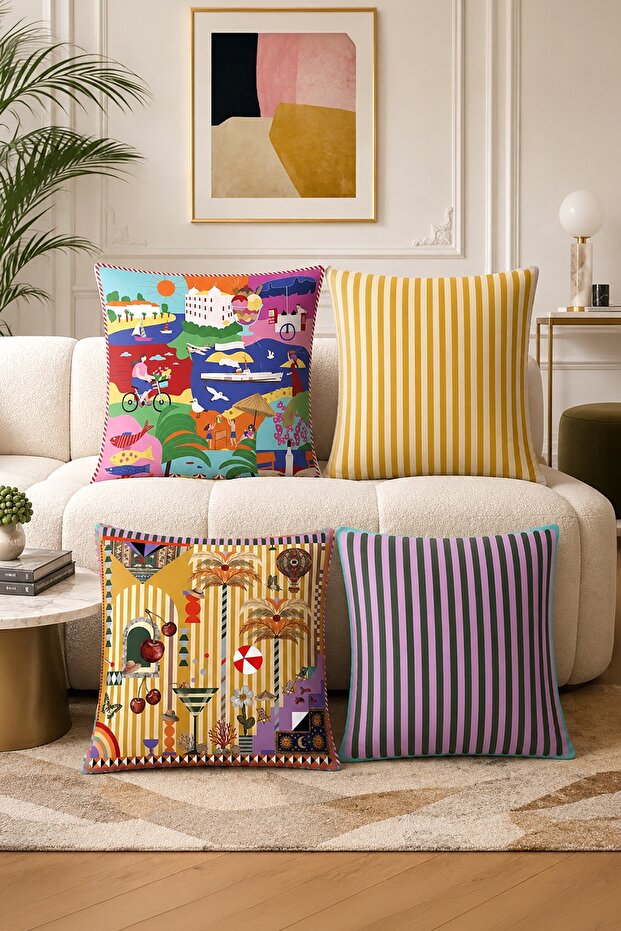 Popart Life Patterned 4-Piece Throw Pillow Cover Set