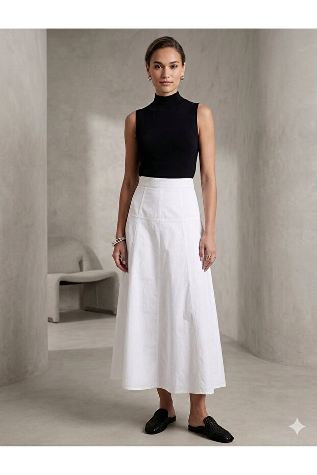 Women's Ecru Poplin Flared Skirt