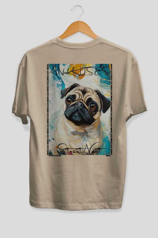 For Dog Lovers 68 Back Dog Printed Beige Oversize T-Shirt 100% Cotton Unisex Dog Lover Premium Design