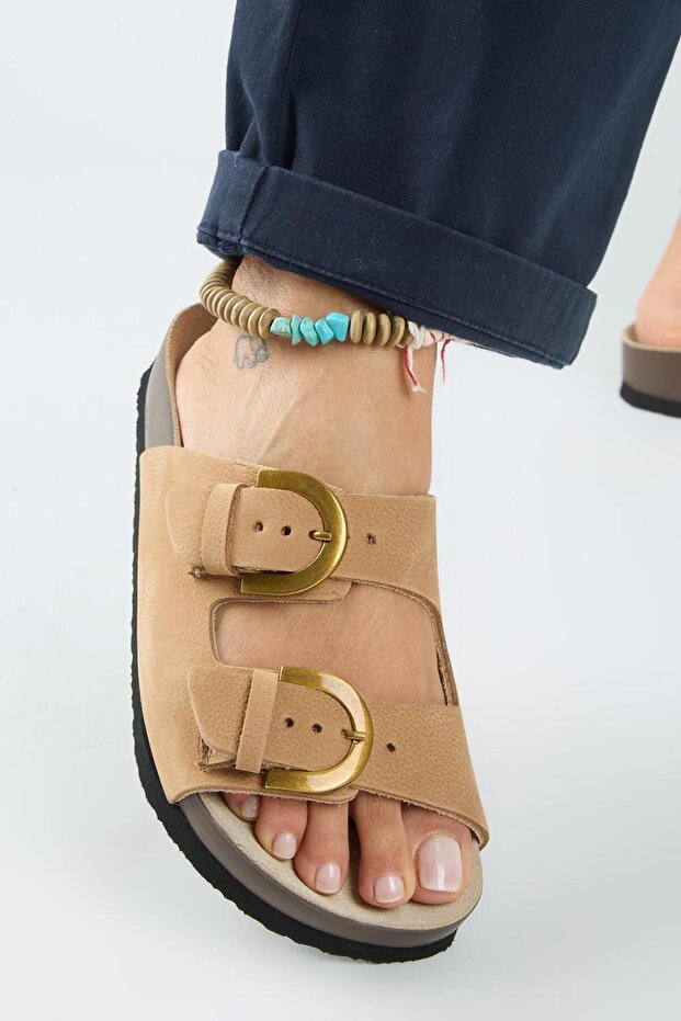 Fuga Women's Leather Genuine Leather Double Buckle Nubuck Tan Slippers