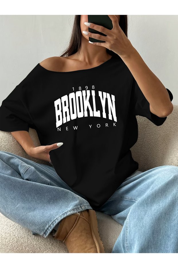 Women's 1898 Brooklyn Printed Boat Neck Off Shoulder 100% Cotton T-Shirt