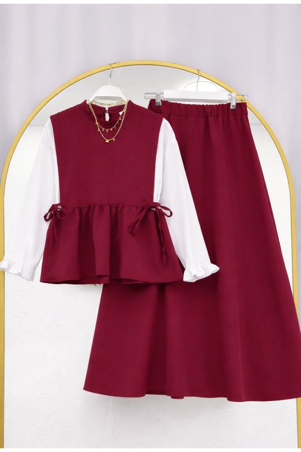 Women's Ruffled Sleeve Shirt Detailed Blouse Skirt Set (Shirt Attached to the Product)