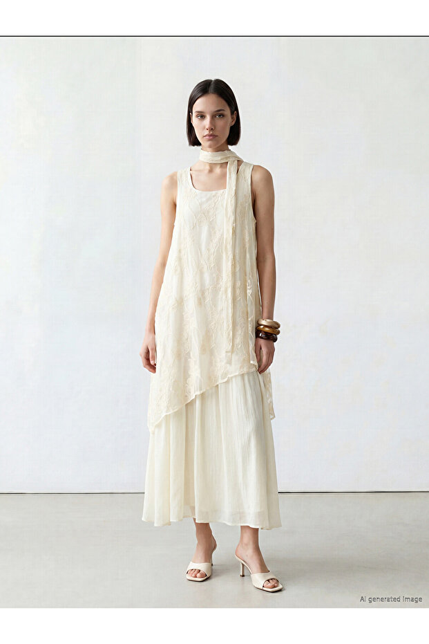 Nevavm Square Collar Shawl Detailed Lace Dress with a Difference