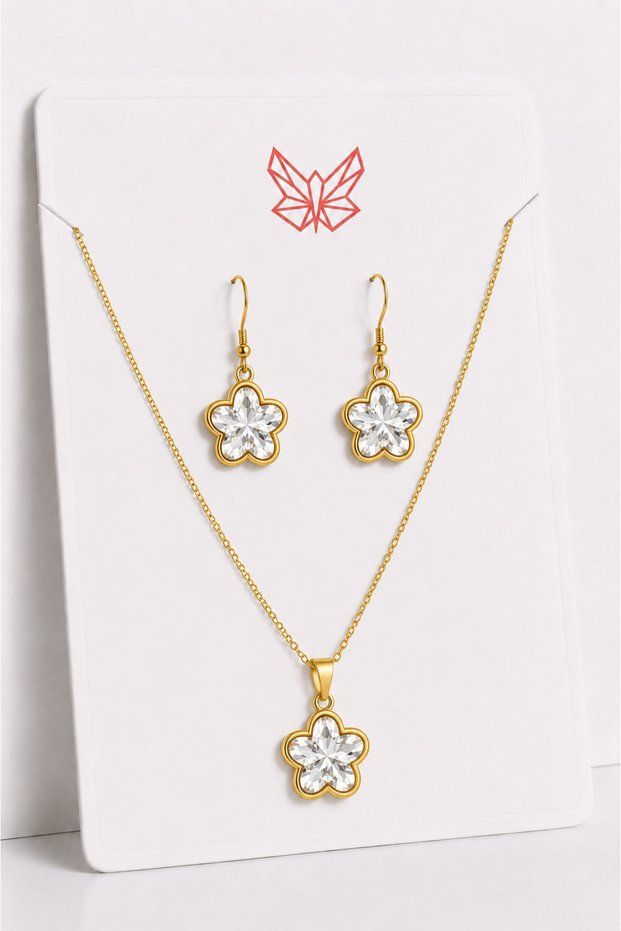 Damla Nazar Star Butterfly Snowflake Polar Star Flower Figured Zircon Stone Necklace Earring Set