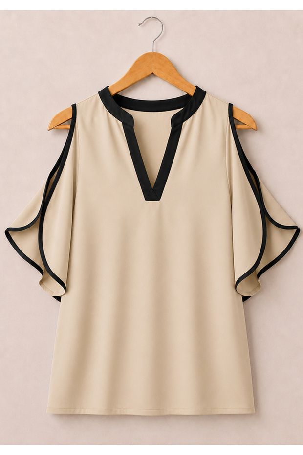 Bat Sleeve V-Neck Off-The-Shoulder Crepe Blouse