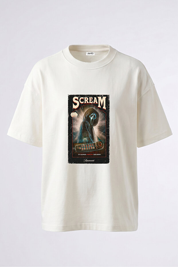 Scream Ghostface Design Back Printed Cotton White Oversize T-Shirt