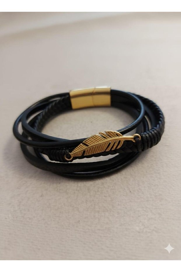 Black Multi-Row Men's Leather Bracelet with Gold Feather Detail