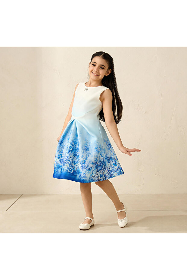 Round Neck Sleeveless Dress with Floral Print