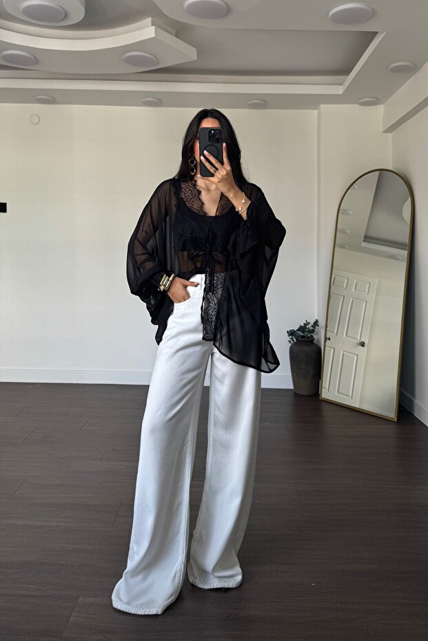 Lace Detailed Asymmetrical Cut Chiffon Kimono
