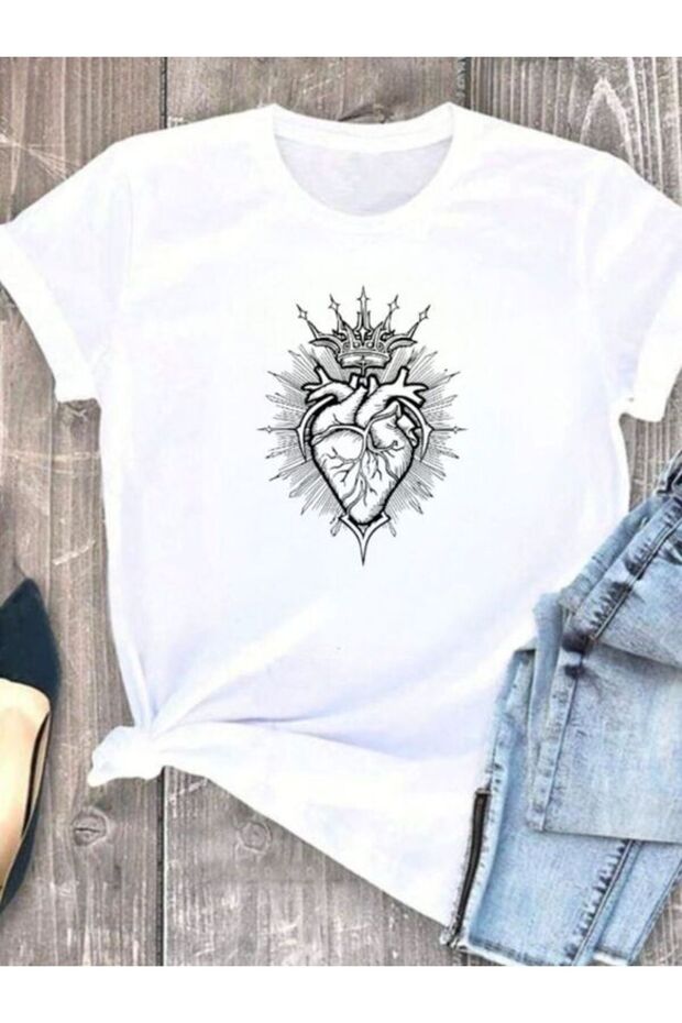 Crowned Heart Printed White Oversize T-Shirt