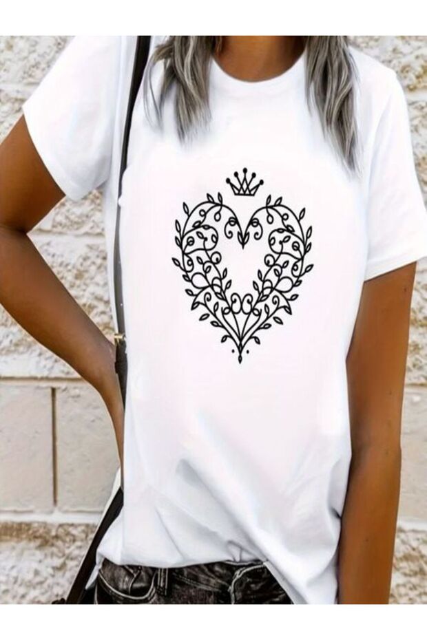 Heart Patterned Oversize White T-Shirt