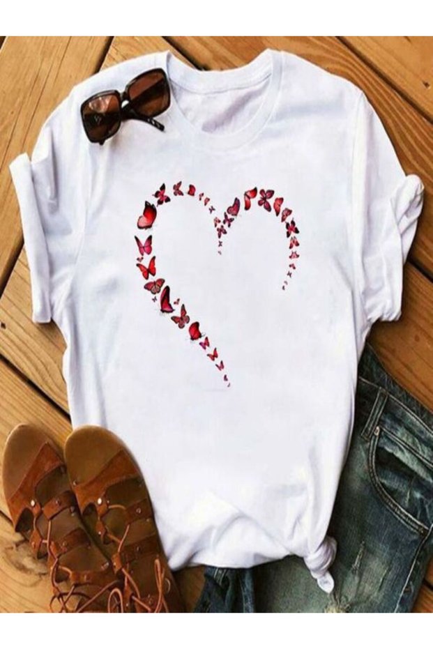 Butterfly Heart Printed White T-Shirt