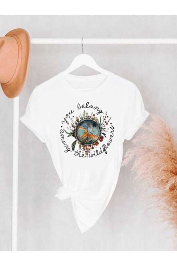 Natural Themed Printed White Oversize T-Shirt