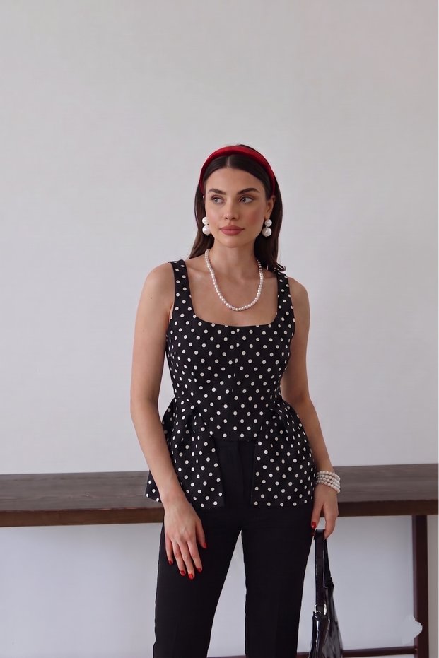 Polka Dot Slim Fit Square Neck Flounce Blouse