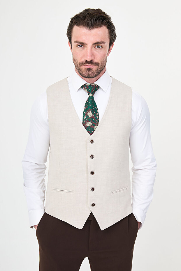 Textured Slim Fit Classic Men's Vest Beige - 40955.26Y