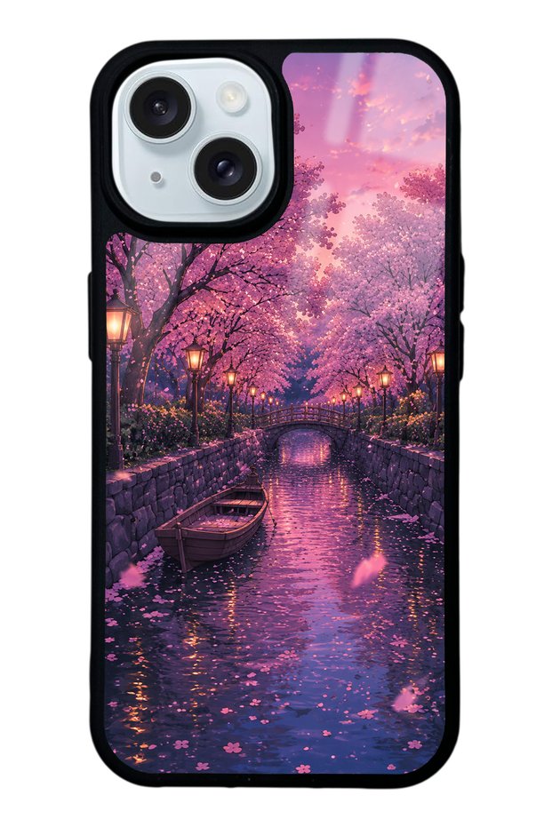 iPhone 15 Sakura Twilight Canal Design Glossy Phone Case