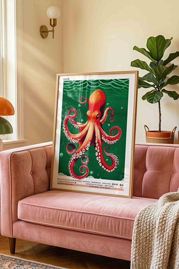 Octopus Painting Red Green Ocean – Modern Illustration Art Poster – Framed on Wood