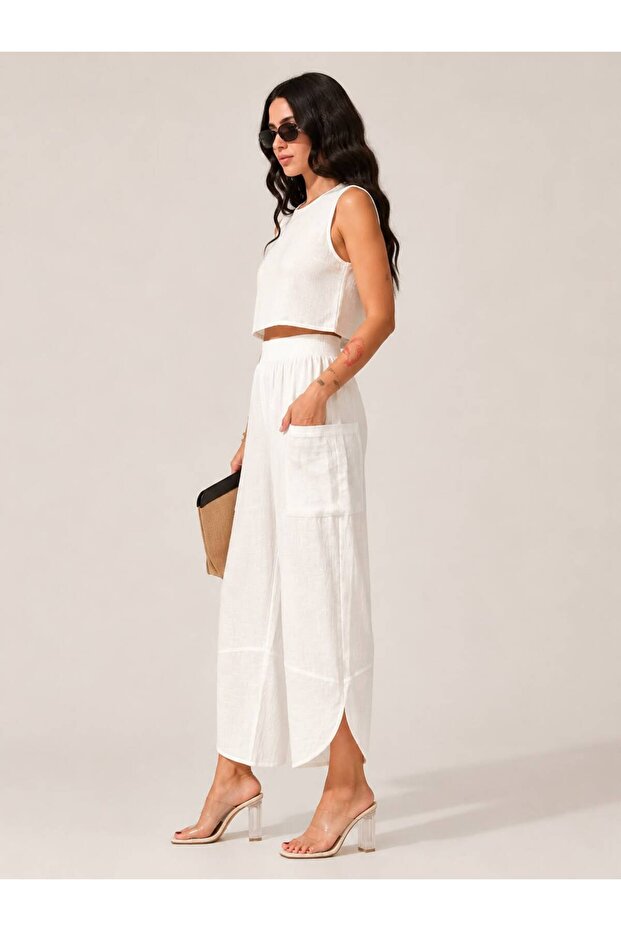 100% Cotton Pants with Pockets and Side Slits - 2