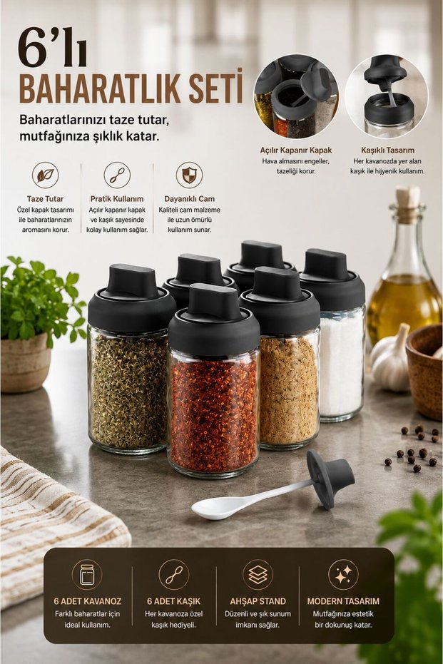 6-Piece Spice Container Set with Self-Sealing Lids and Spoons - (314 ml) Glass Jars, 6-Piece Storage Container Spice Set