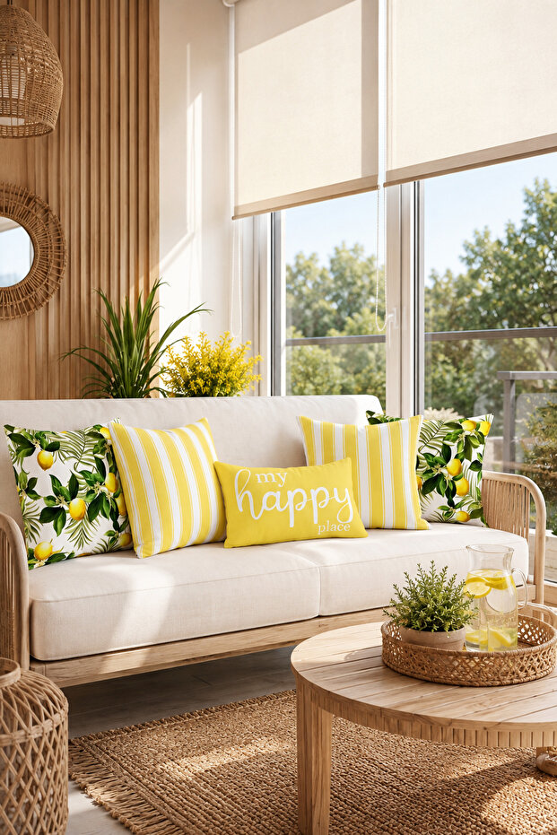 Set of 5 Throw Pillow Covers with Lemon and Green Leaves Decorative Pillow