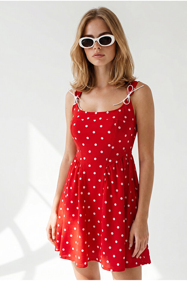 Women's Red Strap Bowknot Side Zipper Polka Dot Mini Dress Elb-19002680