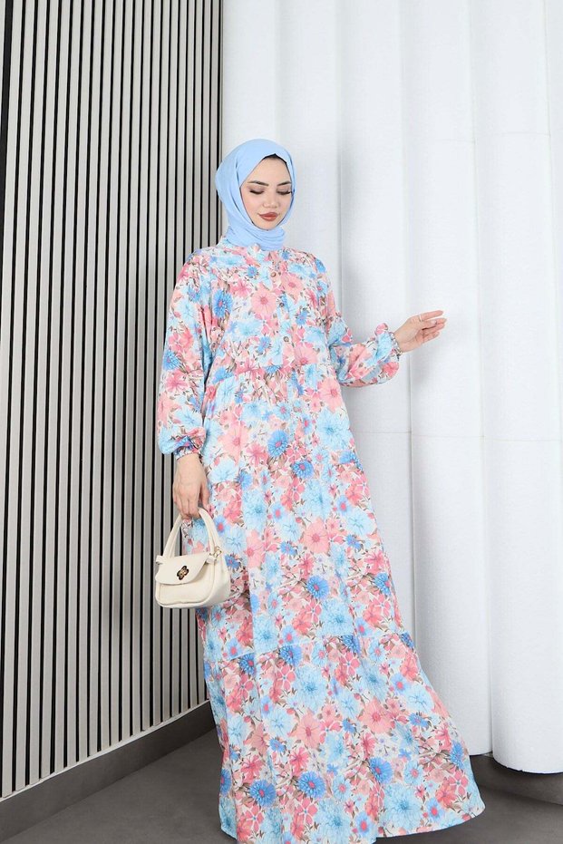 Women's Modal Fabric Floral Patterned Hijab Half Placket Buttoned Summer Dress Baby Blue Hnt2130
