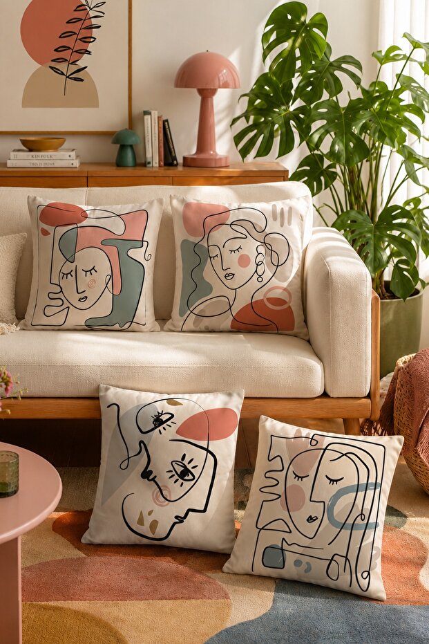 Face Silhouettes Patterned 4-Piece Throw Pillow Cover Set