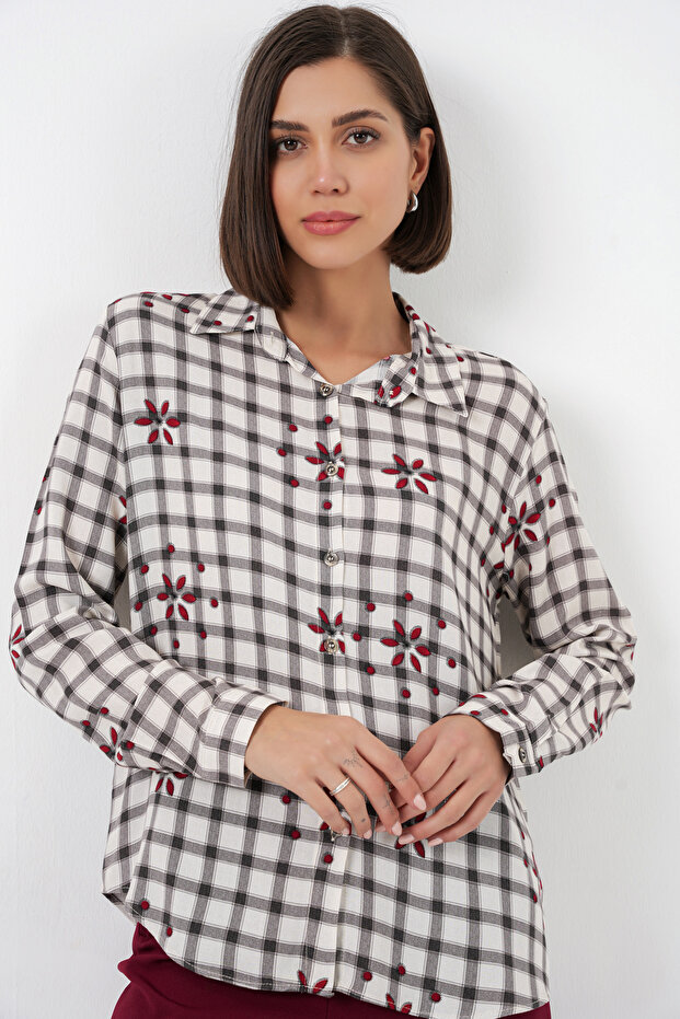 Women's Patterned Oversize Viscose Shirt 1502 - Black