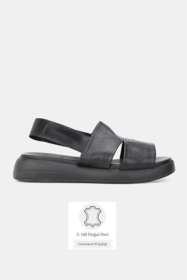 Women's Black Genuine Leather Strappy Flat Sole Daily Sandals