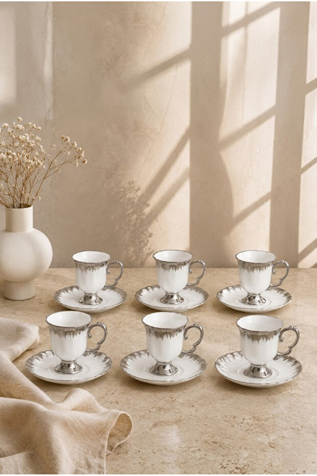 6-Person Silver Detailed Porcelain Turkish Coffee Cup Set