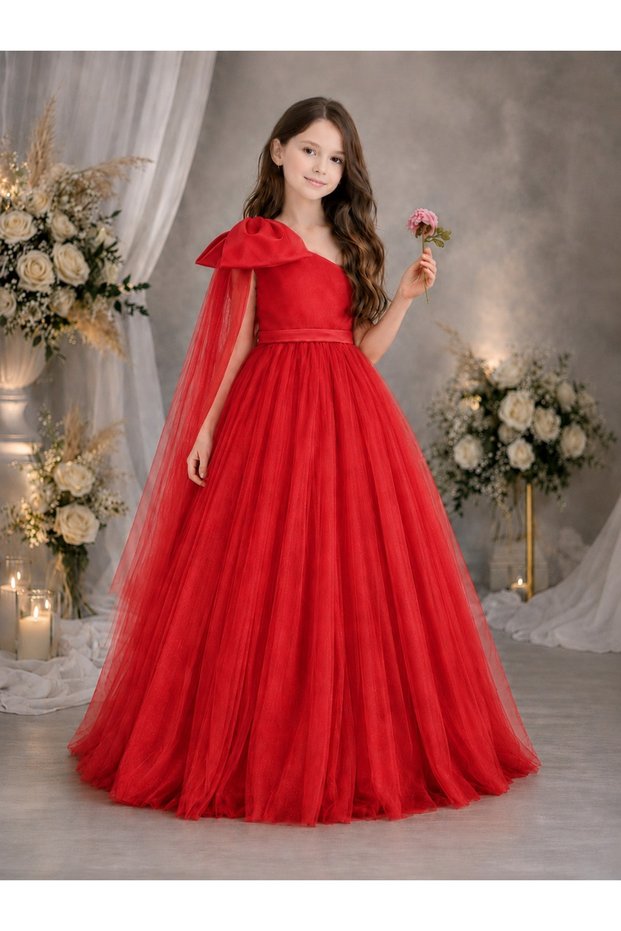 Girl's Red One-Shoulder Bow Detailed Puffy Tulle Princess Dress