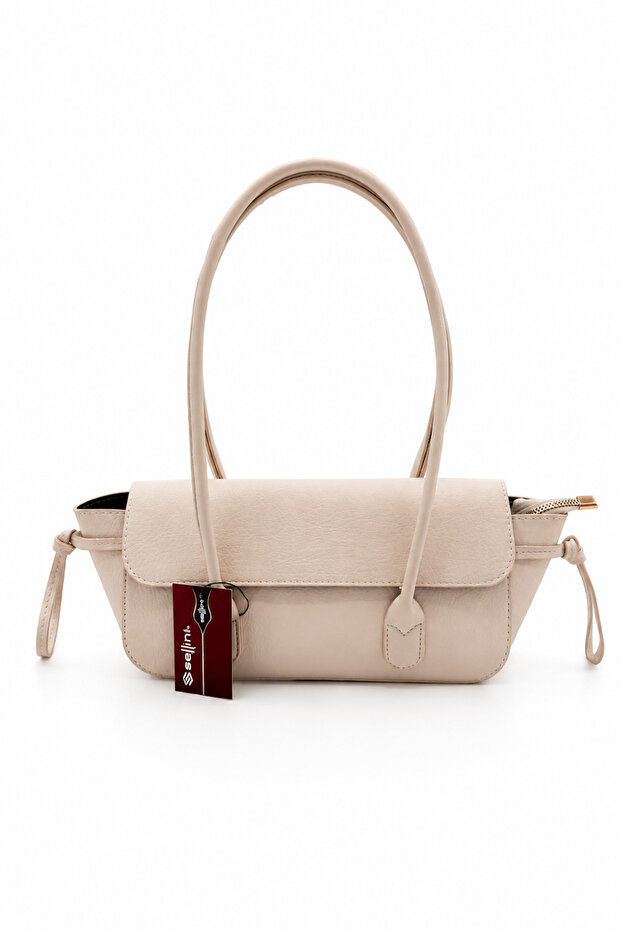 Berlin Baguette Women's Shoulder Bag with Knot Detail on the Covered Edges Beige